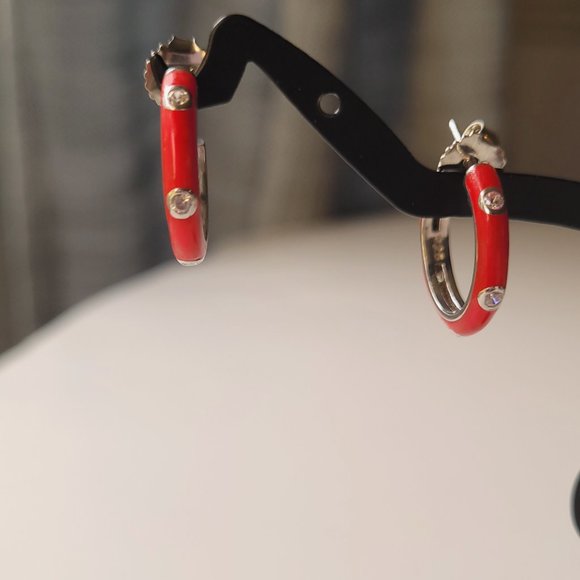 Red Enamel Hoops / Huggies Earrings W cz on silver - Picture 7 of 7